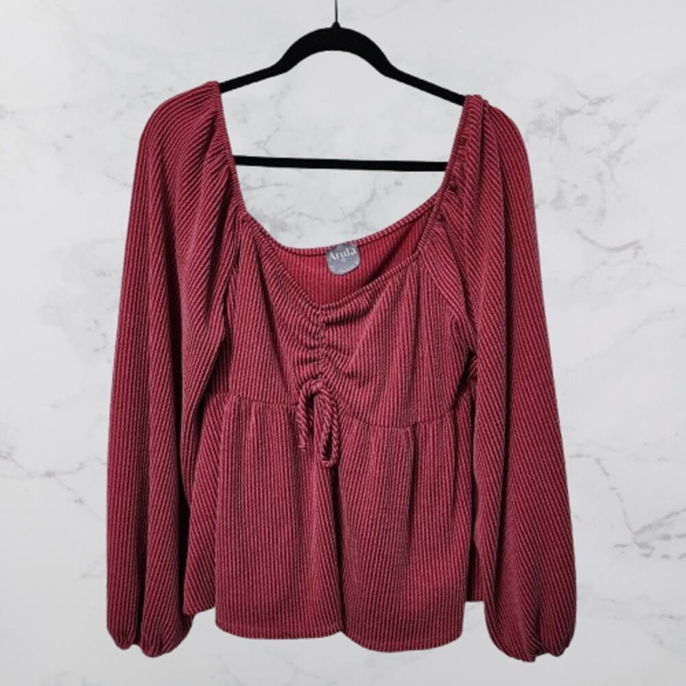 Arula Maroon Red Ribbed Top 2X